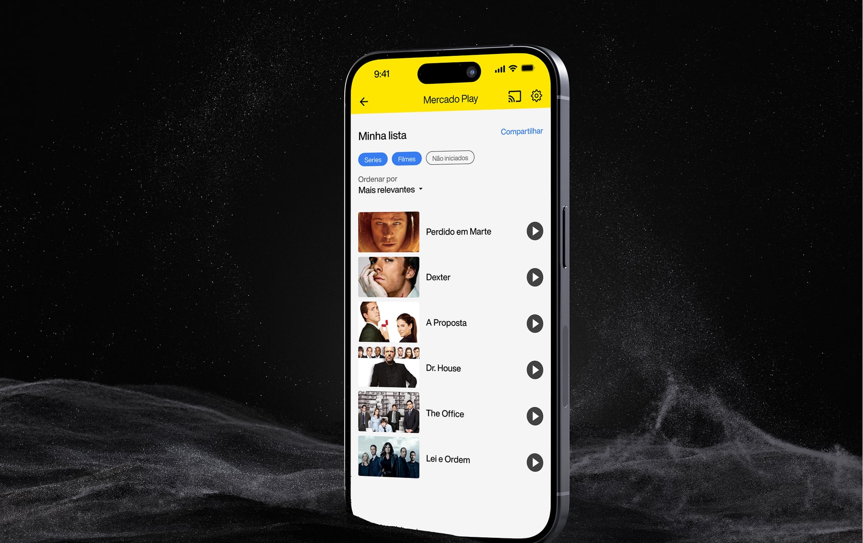 Meli Play — Minha Lista, filterable and shareable